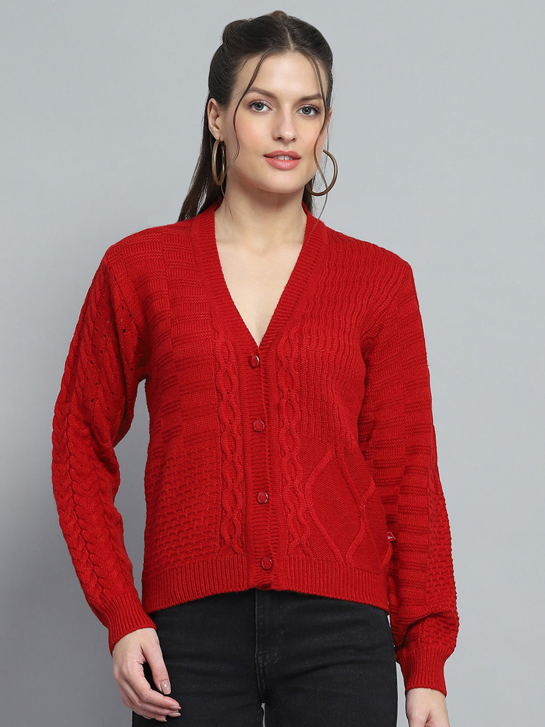 Women Red Self Design V Neck Full Sleeve Cardigan
