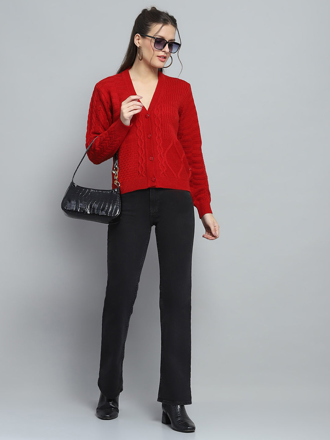 Women Red Self Design V Neck Full Sleeve Cardigan