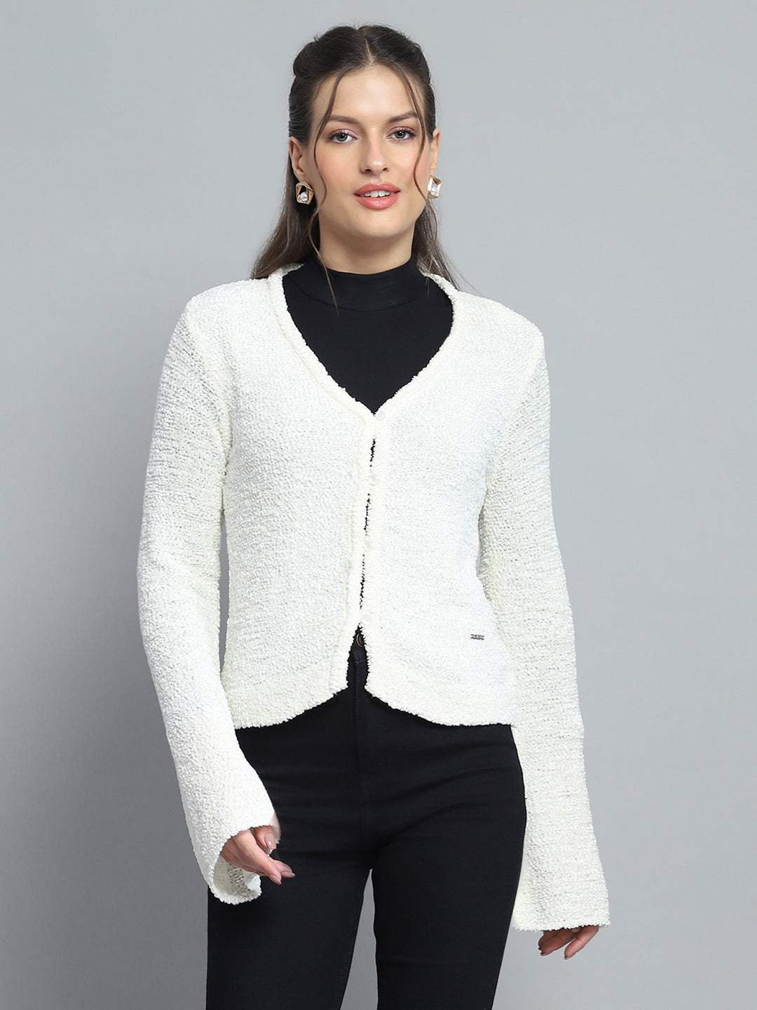 Women Off White Self Design V Neck Full Sleeve Cardigan