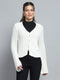 Women Off White Self Design V Neck Full Sleeve Cardigan