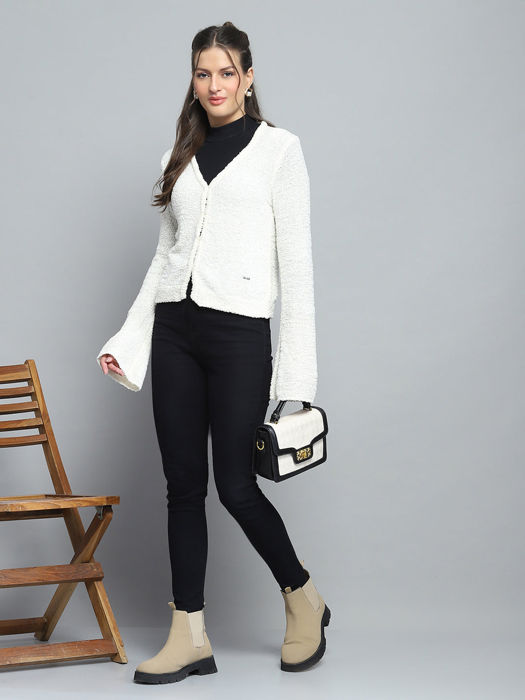 Women Off White Self Design V Neck Full Sleeve Cardigan