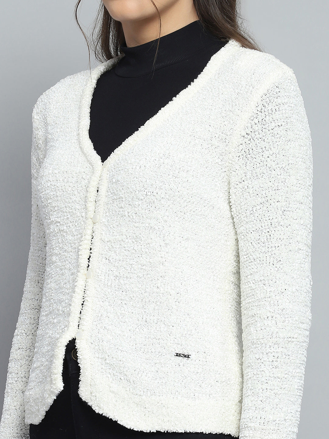 Women Off White Self Design V Neck Full Sleeve Cardigan