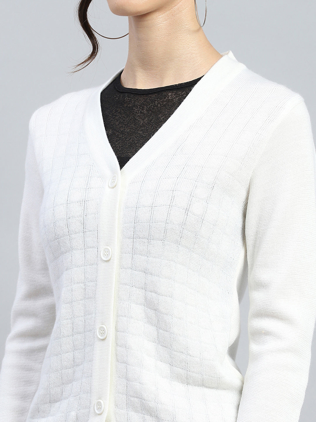 Women Off White Self Design V Neck Full Sleeve Cardigan