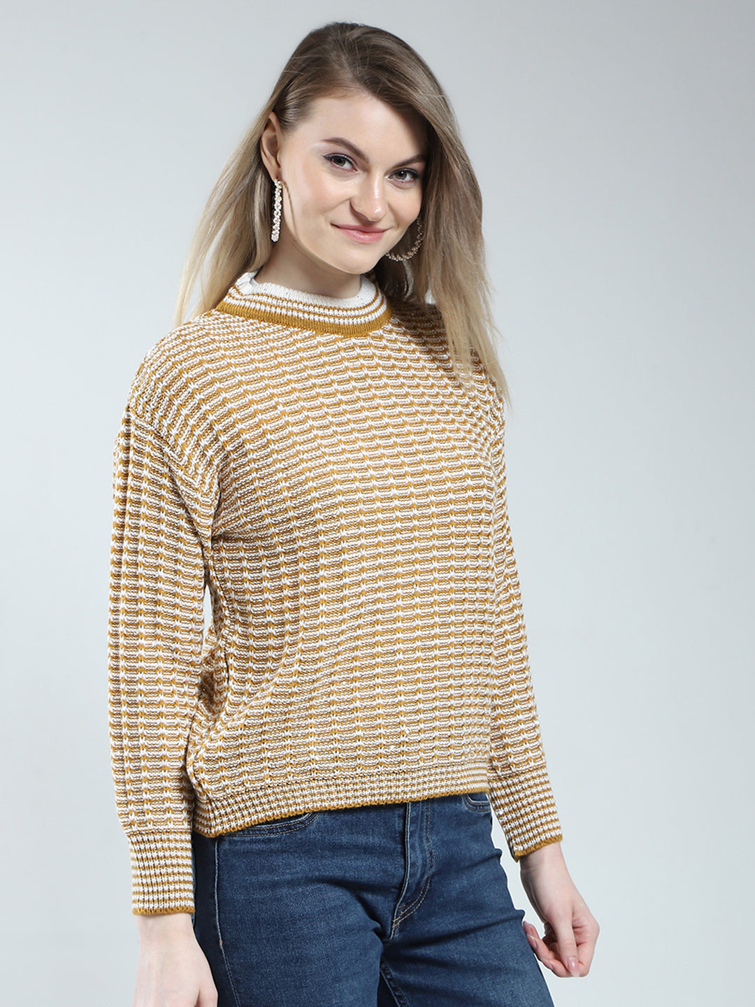 Women Mustard Self Design Round Neck Full Sleeve Winter Top