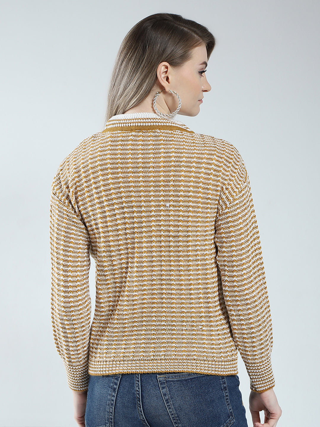Women Mustard Self Design Round Neck Full Sleeve Winter Top
