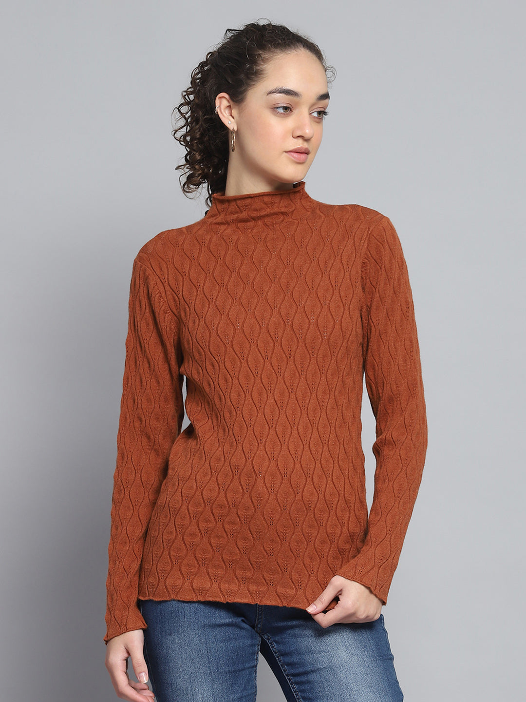 Women Rust Self Design High Neck Full Sleeve Sceavy