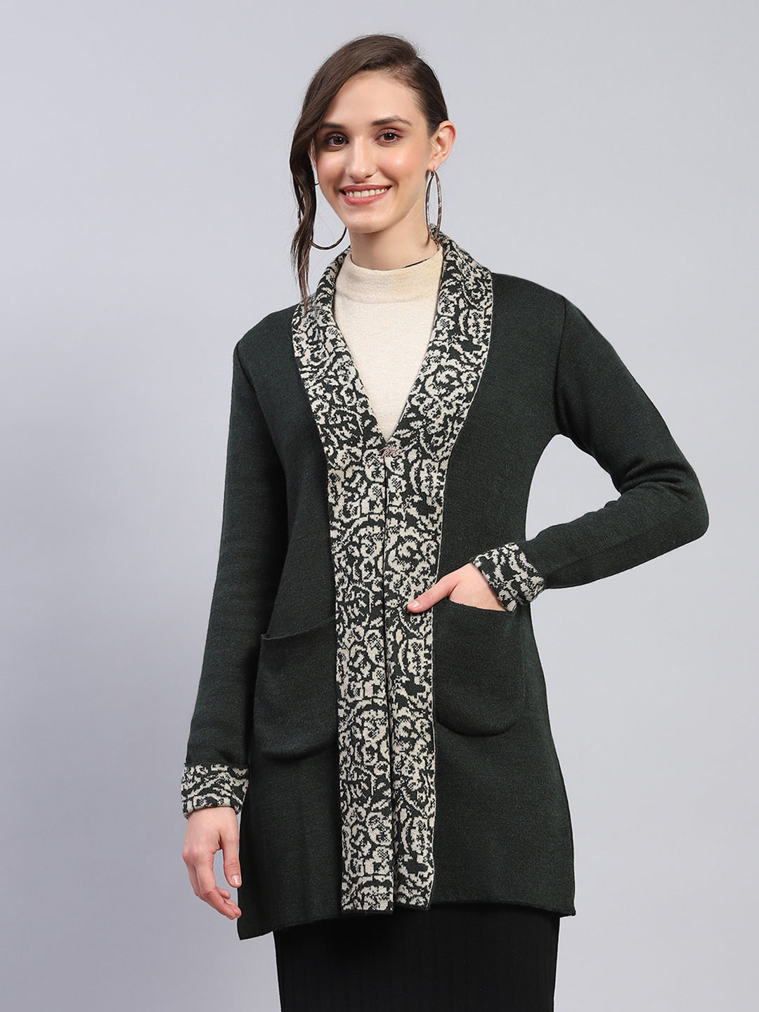 Women Olive Printed Notch Lapel Collar Full Sleeve Cardigan