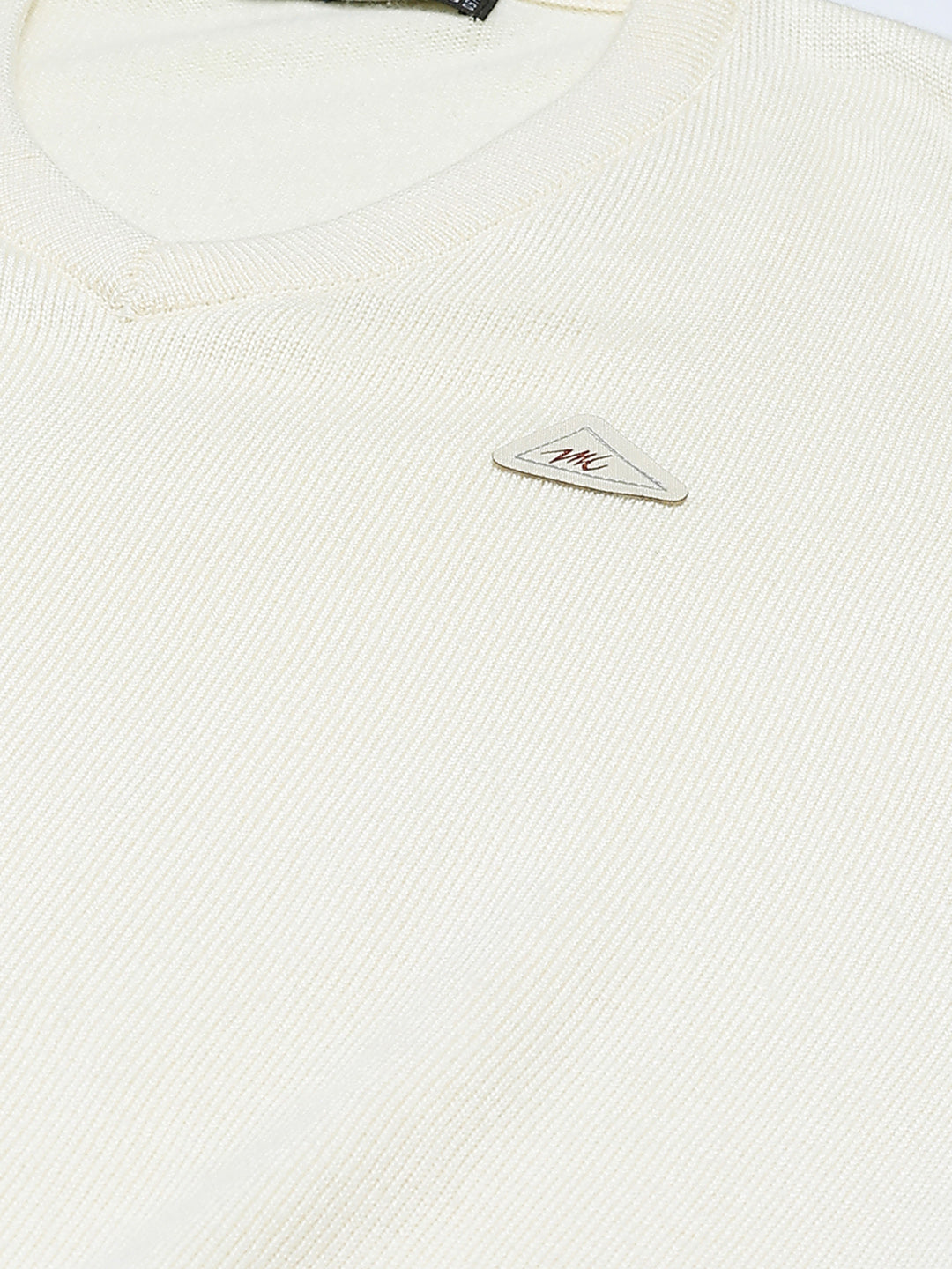 Men Cream Solid V Neck Full Sleeve Pullover