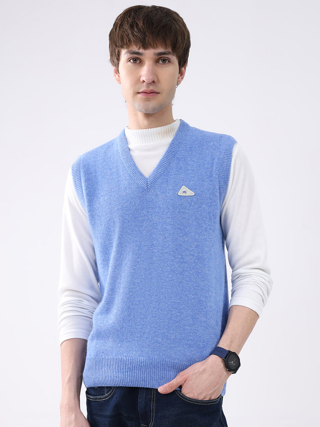 Men Blue Solid V Neck Sleeveless Sweater
