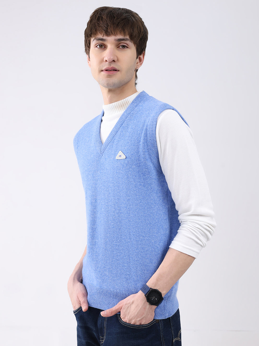 Men Blue Solid V Neck Sleeveless Sweater