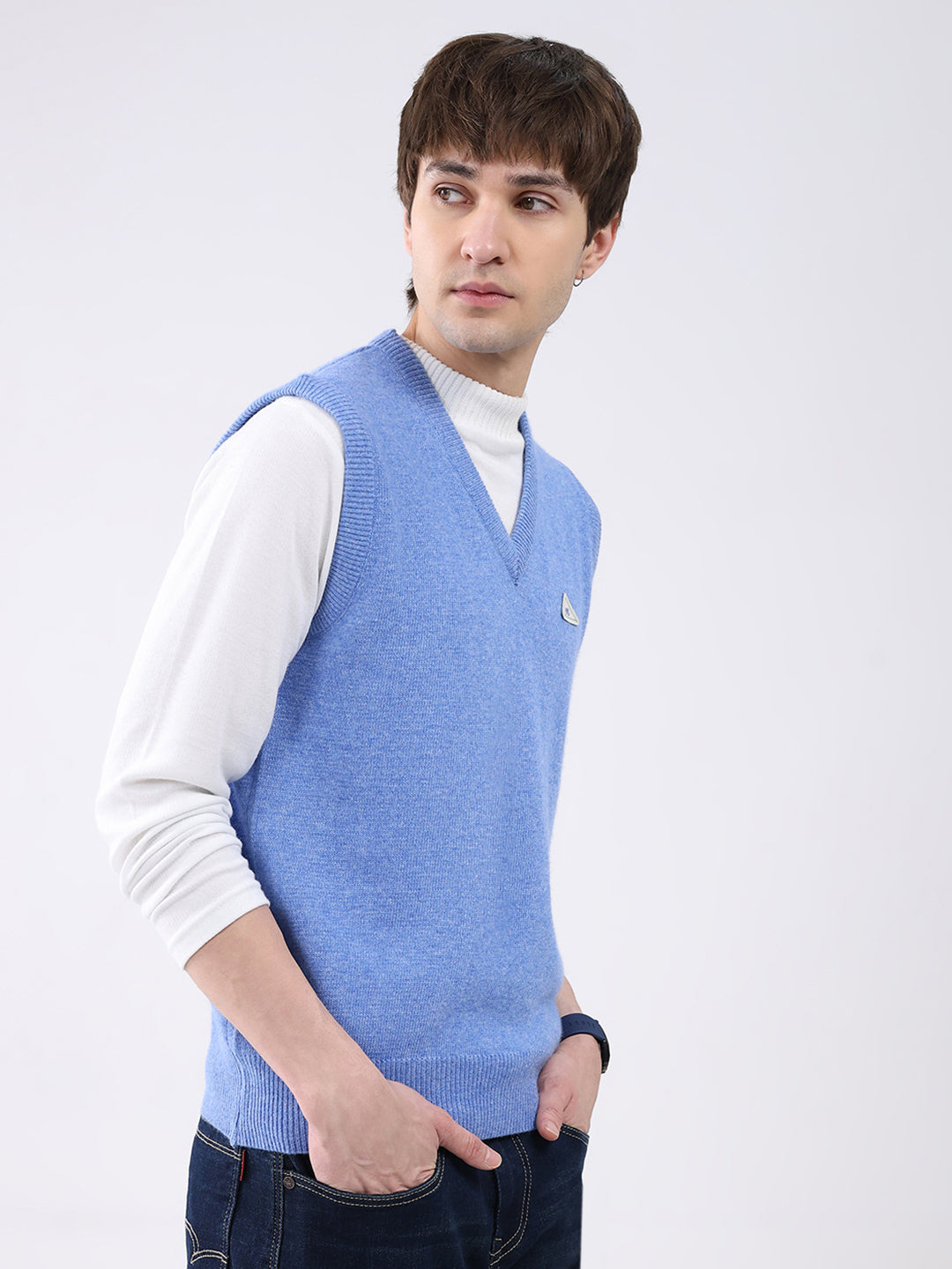 Men Blue Solid V Neck Sleeveless Sweater