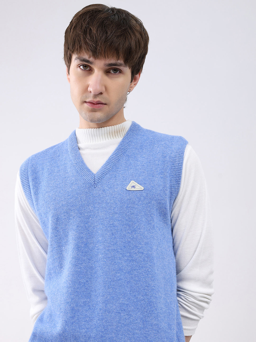 Men Blue Solid V Neck Sleeveless Sweater