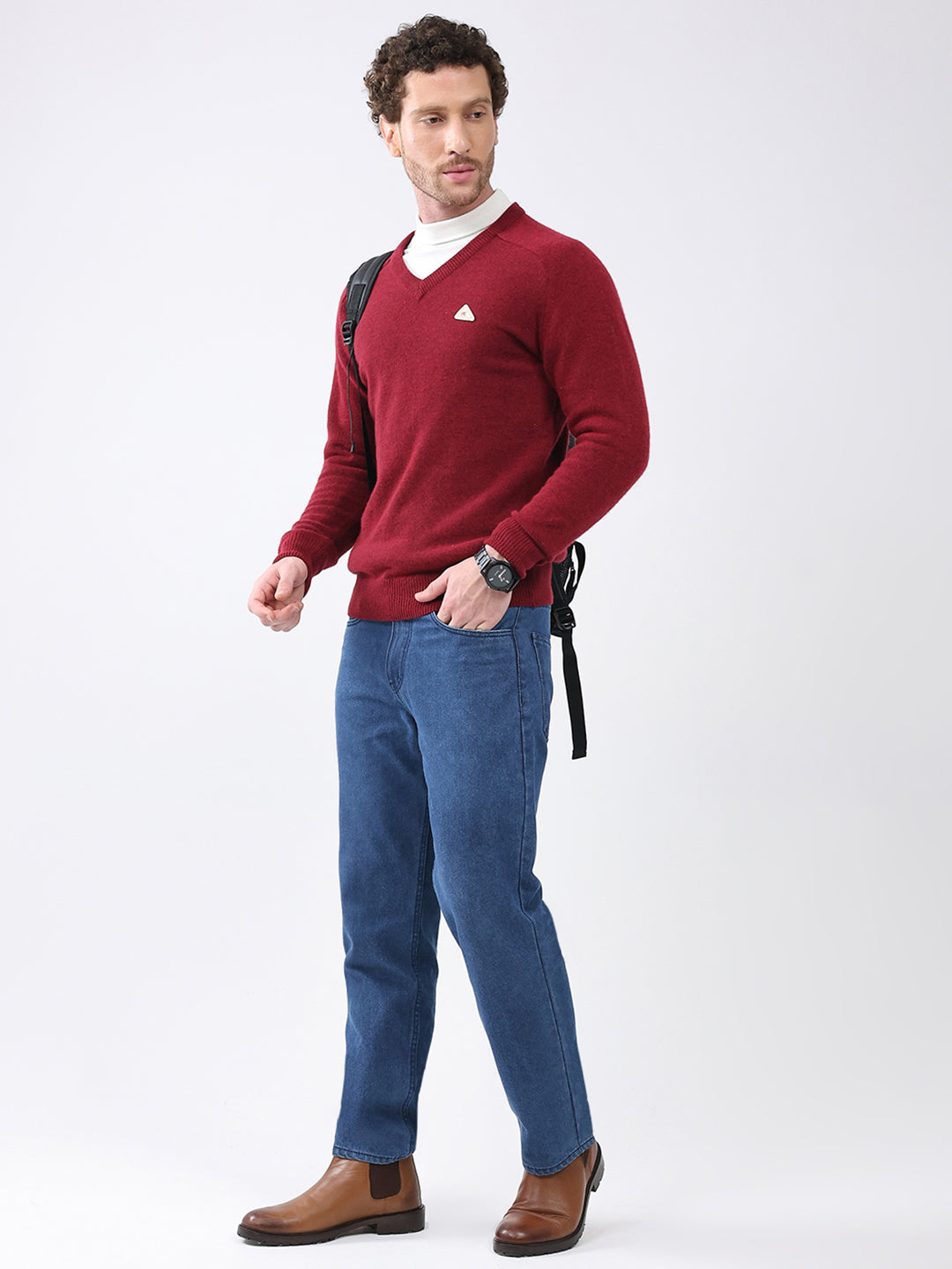 Men Maroon Solid V Neck Full Sleeve Pullover