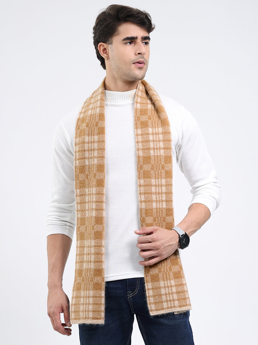 Men Khaki Self Design Angoora Muffler