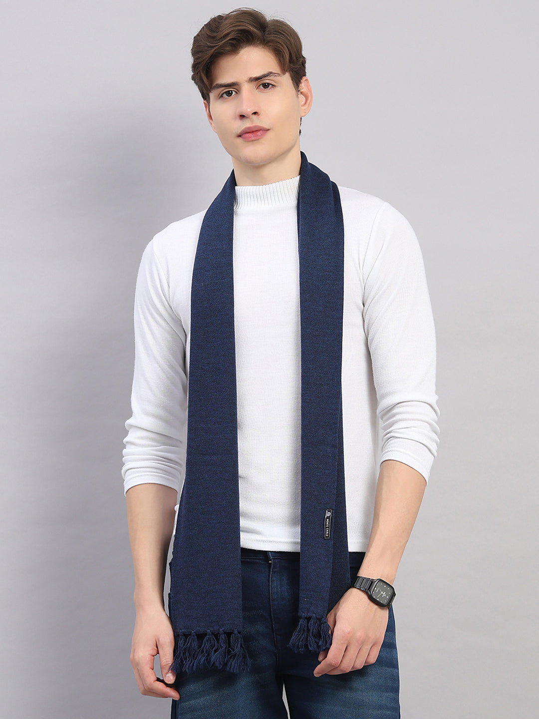 Men Navy Blue Solid Pure Wool Muffler