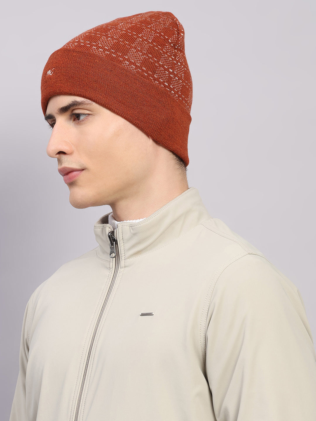 Men Rust Printed Blend Wool Cap