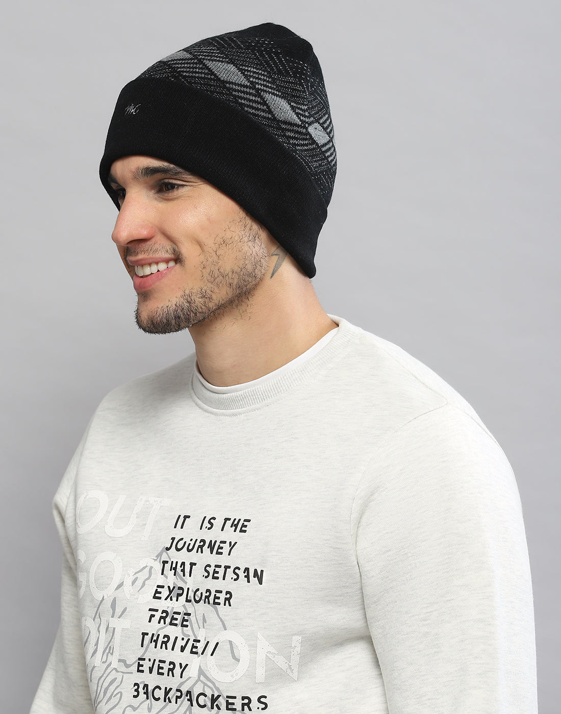 Men Black Printed Blend Wool Cap
