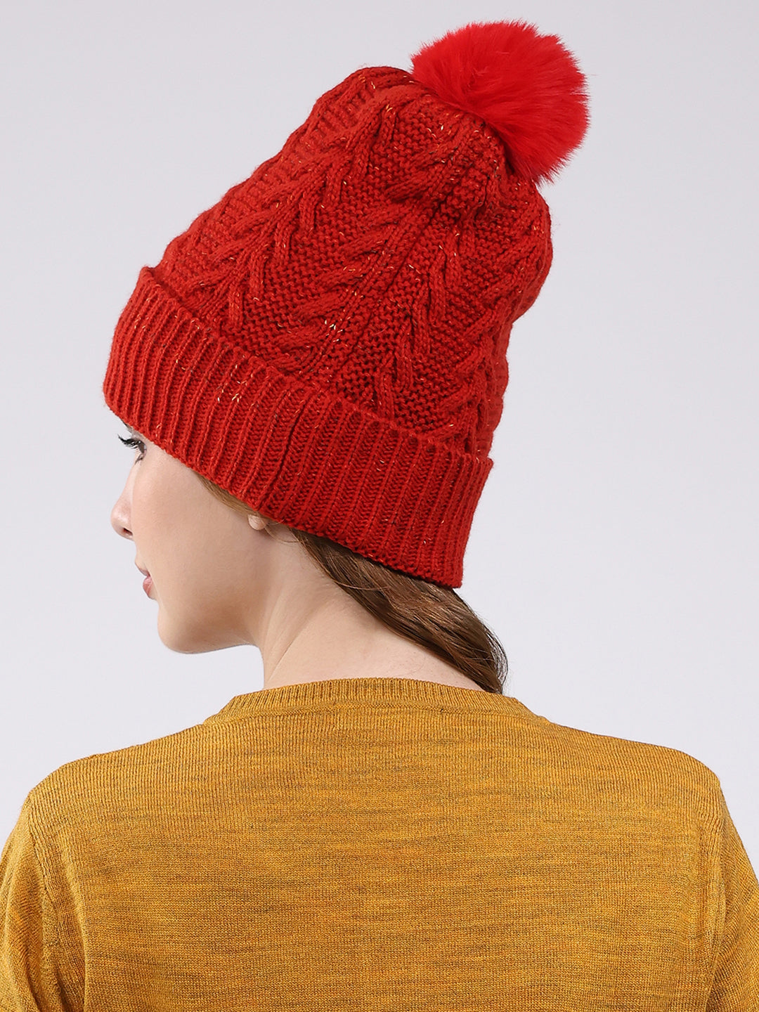 Women Red Self Design Blend Wool Cap