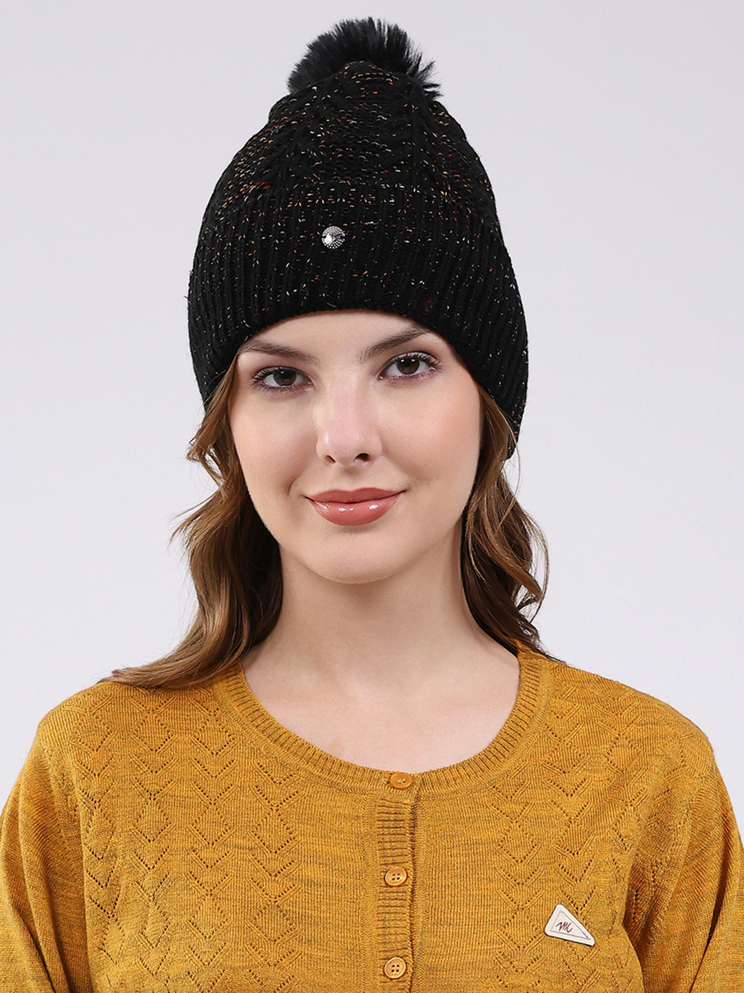 Women Black Self Design Blend Wool Cap