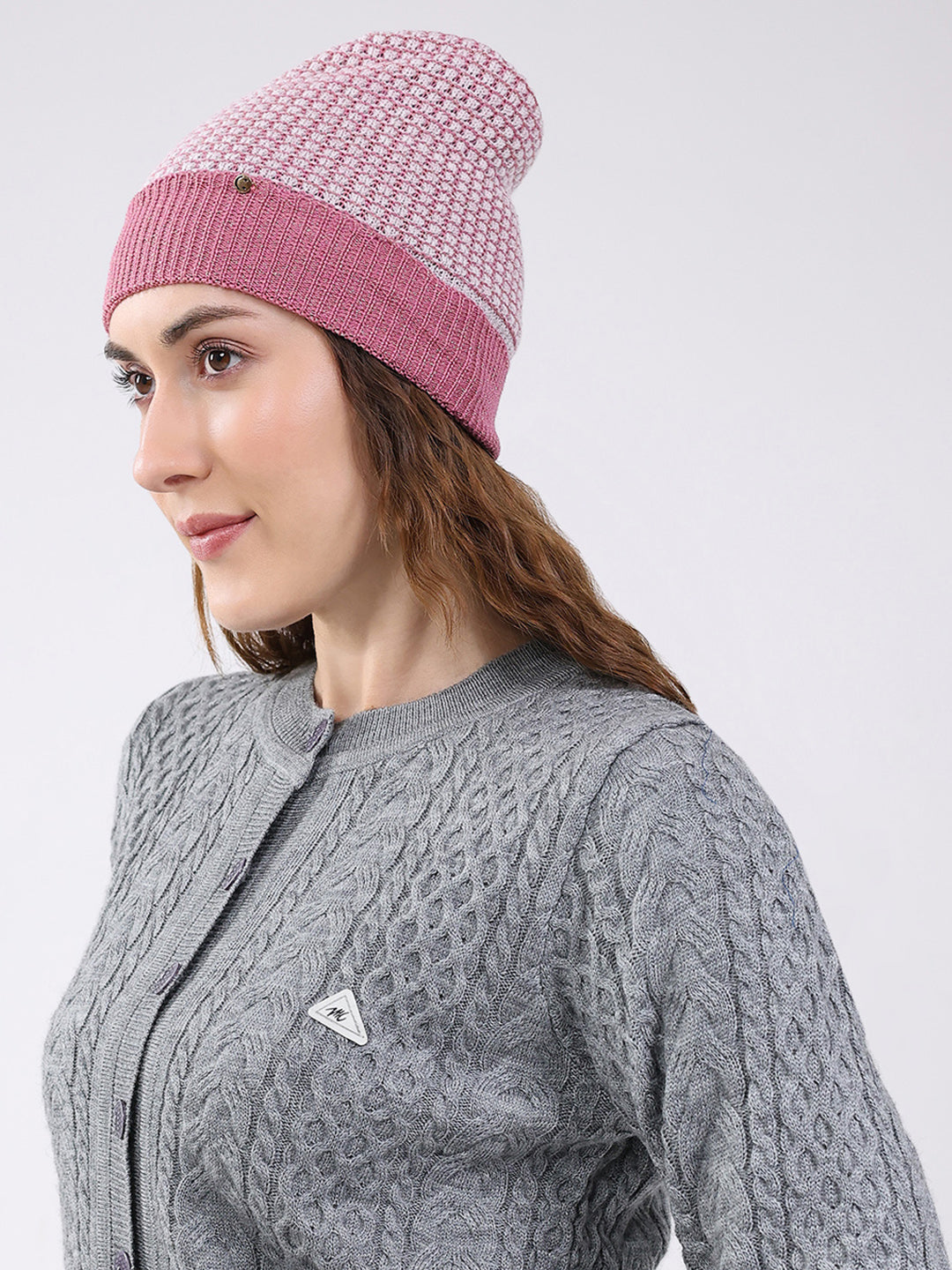 Women Pink Self Design Blend Wool Cap