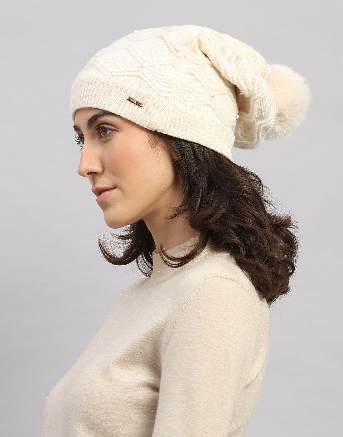 Women Off White Printed Blend Wool Cap