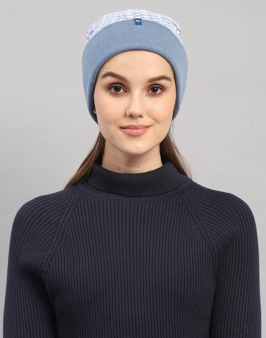 Women Light Blue Self Design Blend Wool Cap