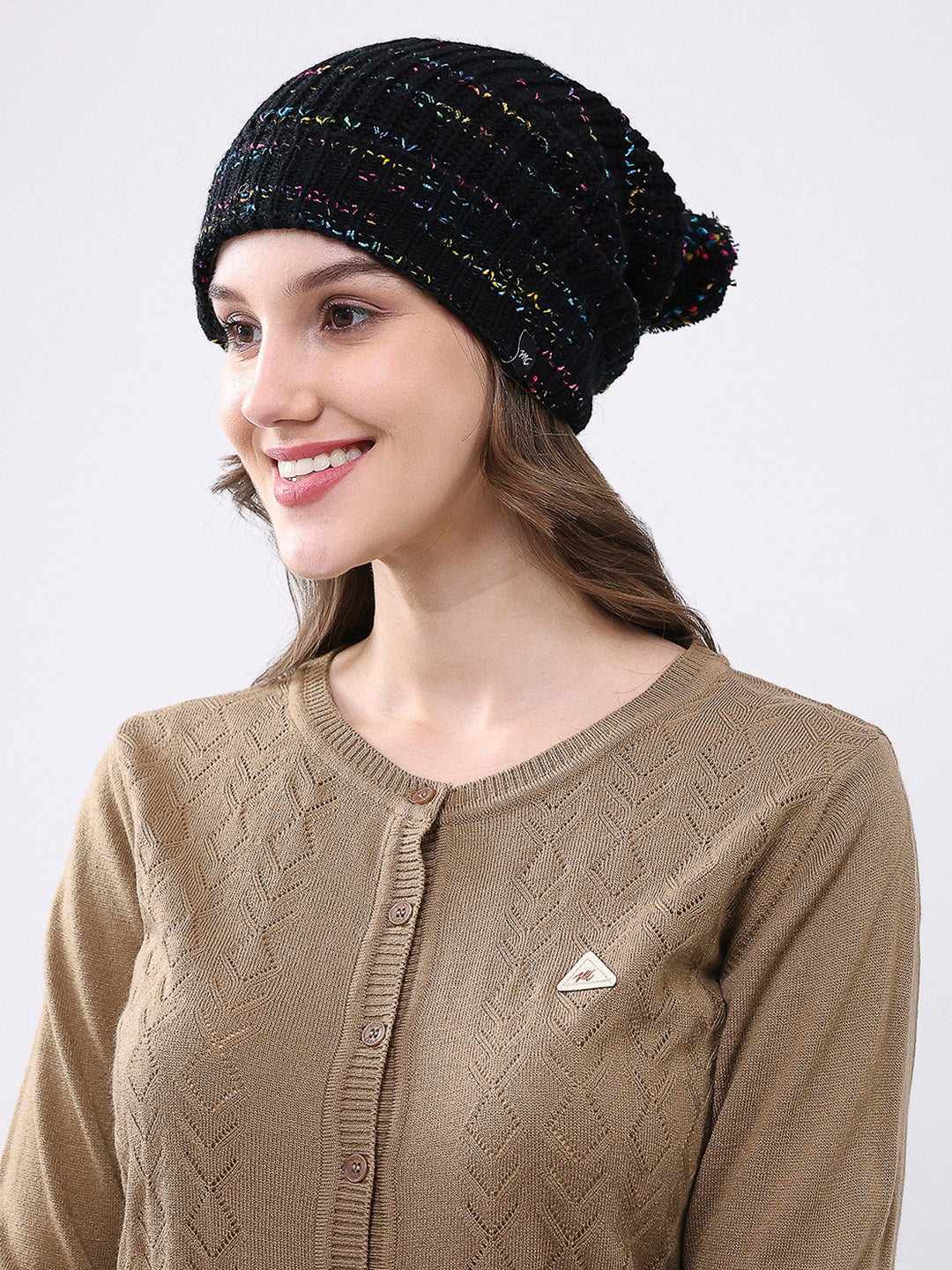 Women Black Self Design Blend Wool Cap