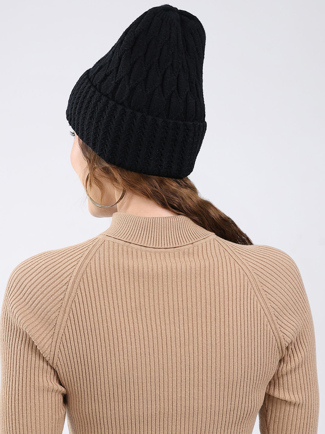 Women Black Self Design Blend Wool Cap