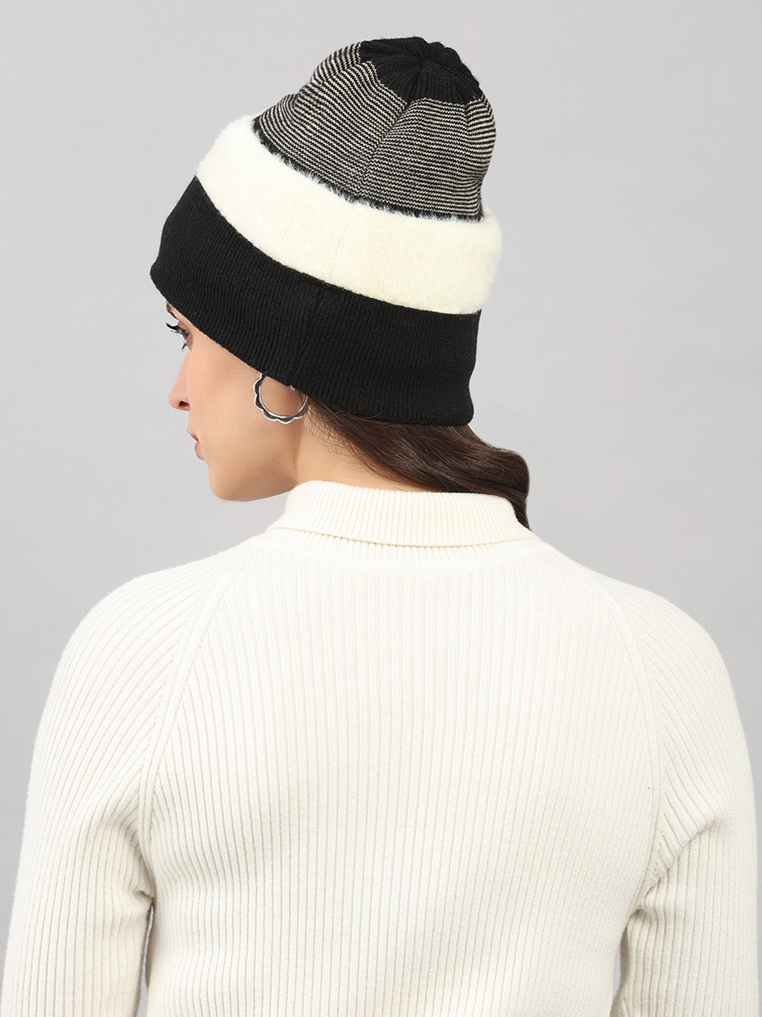 Women Black Self Design Blend Wool Cap