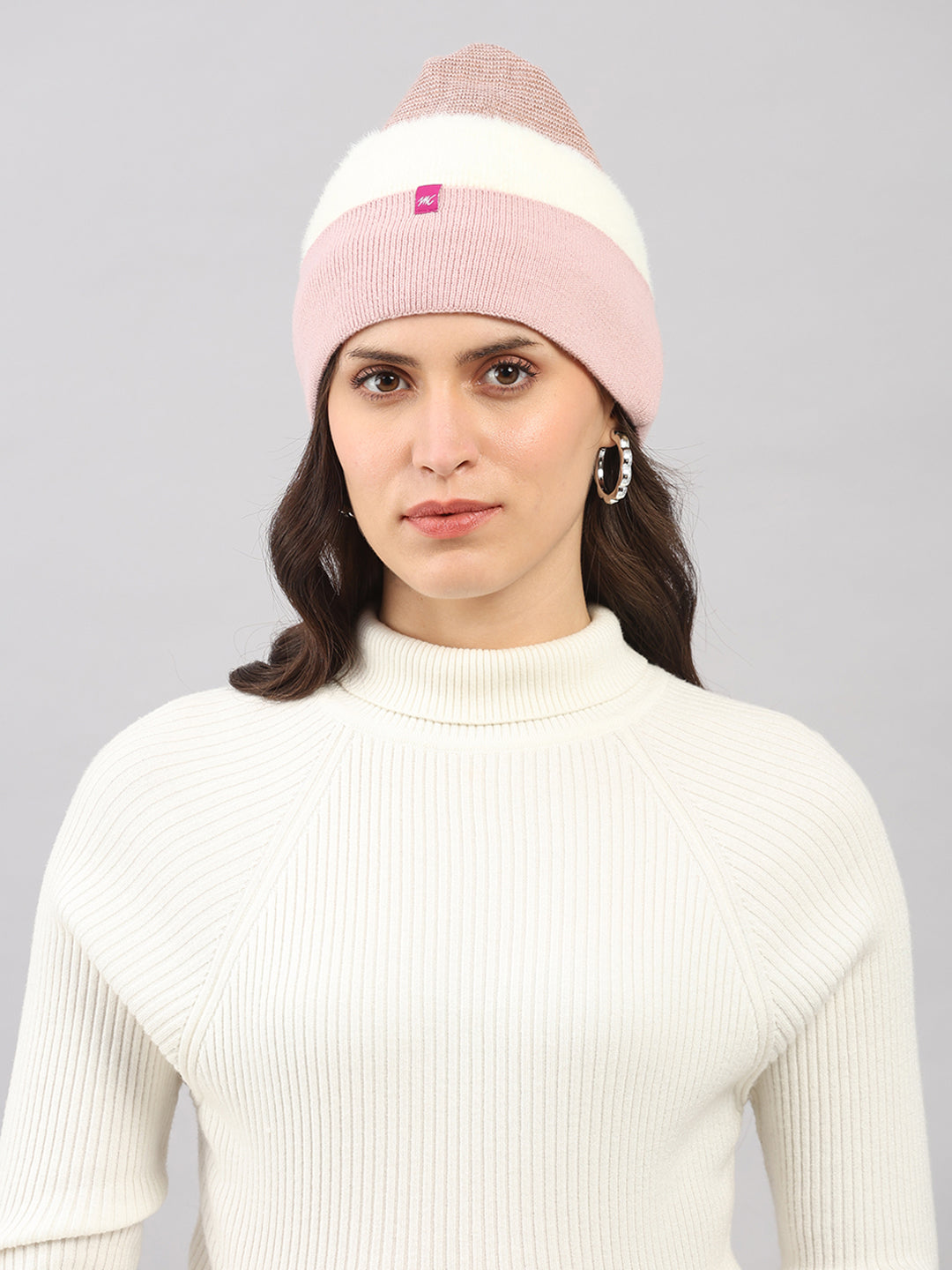 Women Pink Self Design Blend Wool Cap