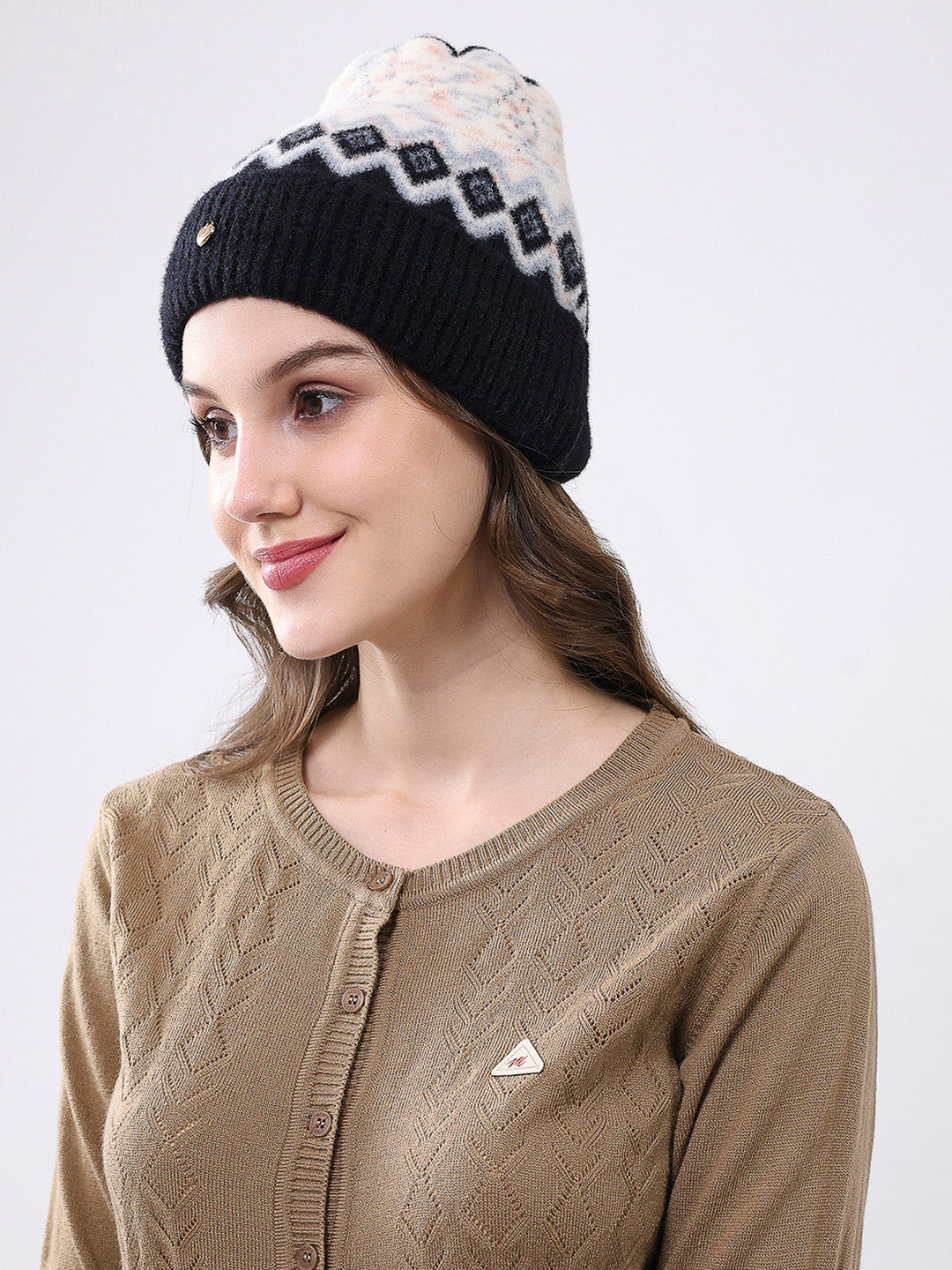 Women Black Self Design Blend Wool Cap