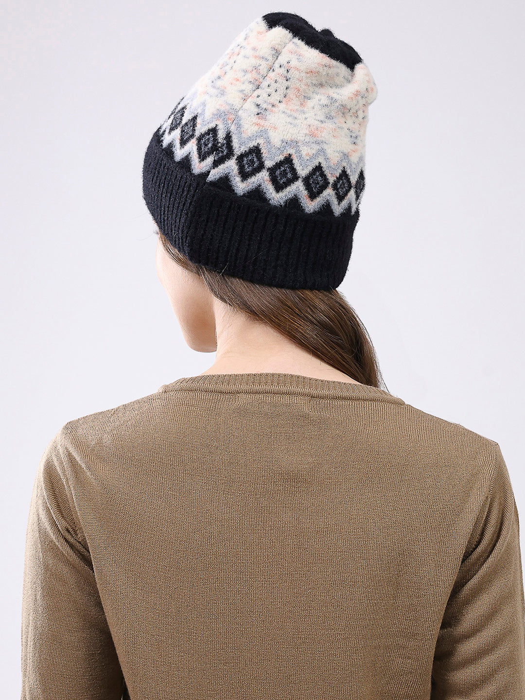 Women Black Self Design Blend Wool Cap