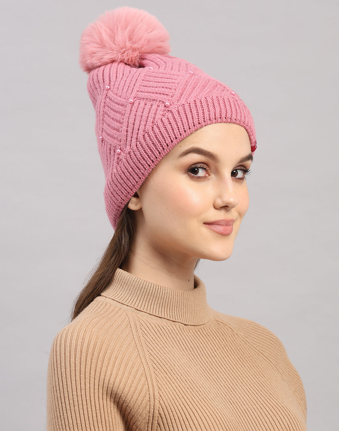 Women Pink Self Design Blend Wool Cap