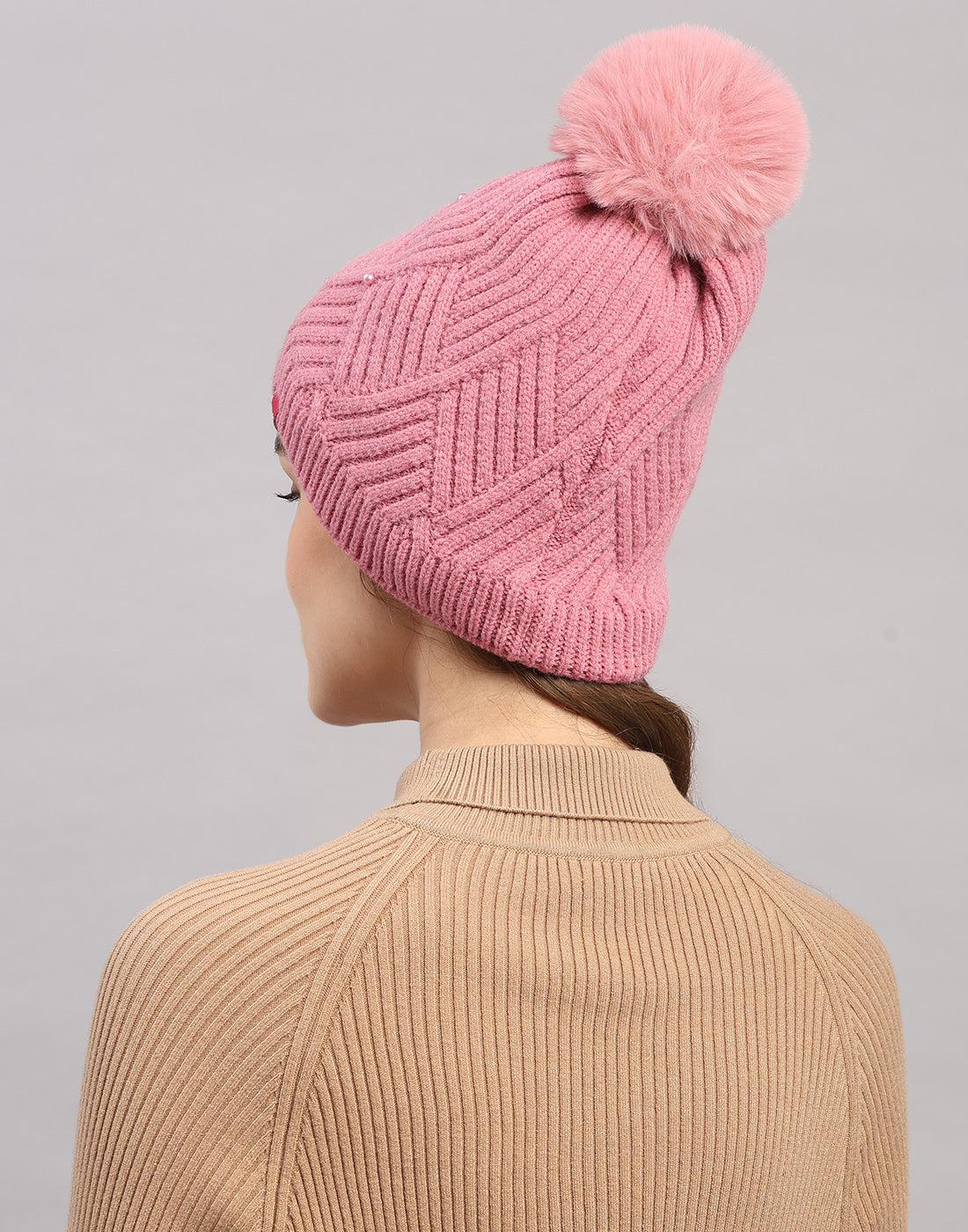 Women Pink Self Design Blend Wool Cap