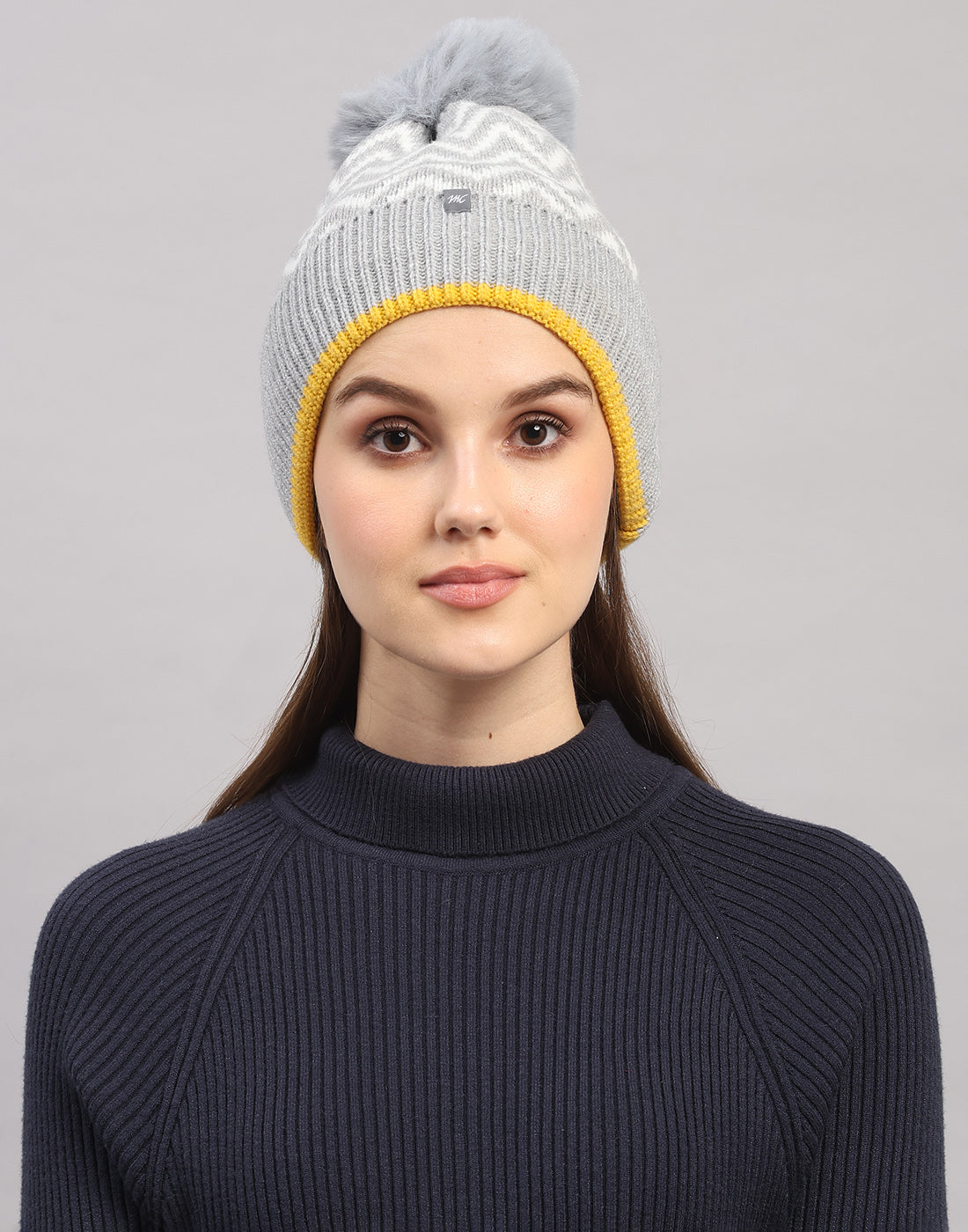 Women Grey Self Design Blend Wool Cap