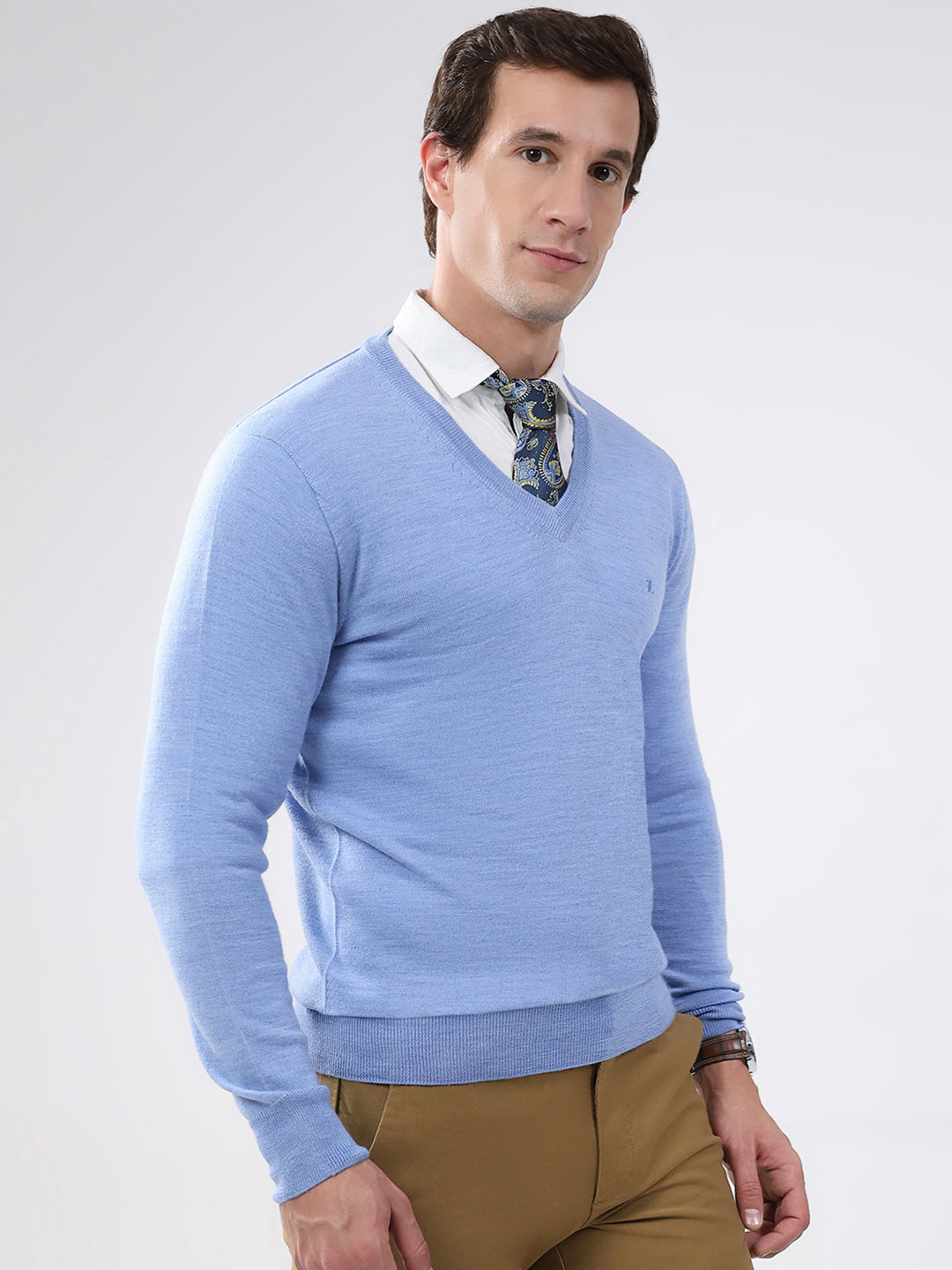 Luxuria Men Blue Solid V Neck Full Sleeve Pullover