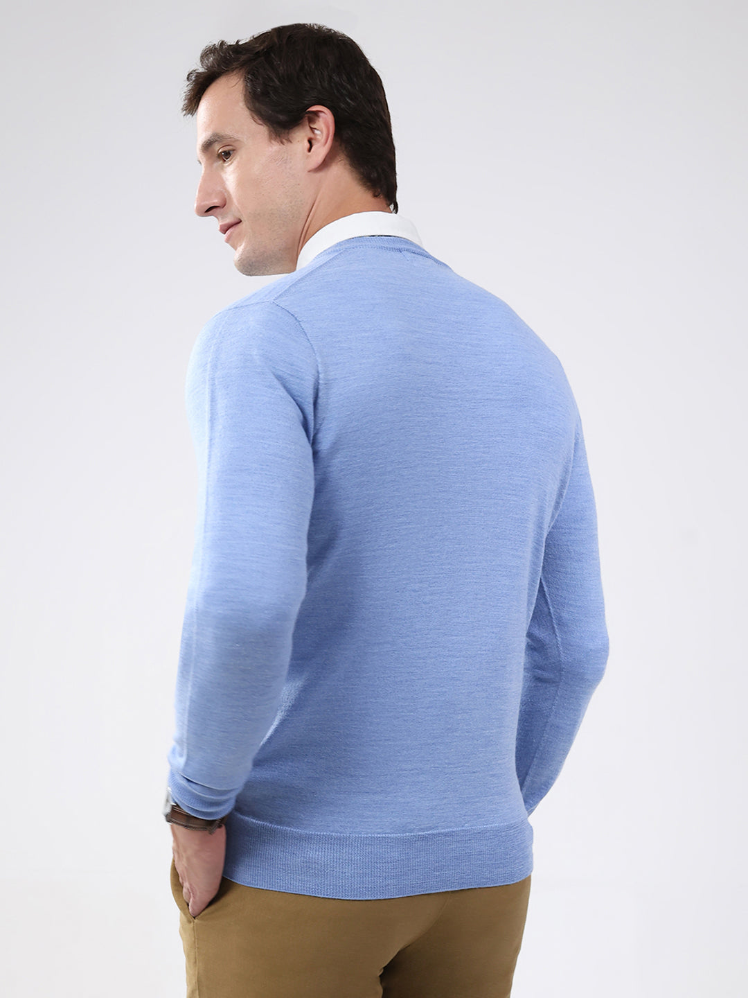 Luxuria Men Blue Solid V Neck Full Sleeve Pullover
