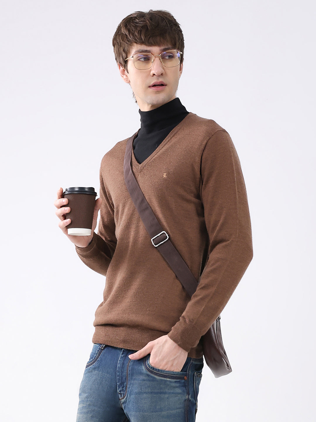 Luxuria Men Brown Solid V Neck Full Sleeve Pullover