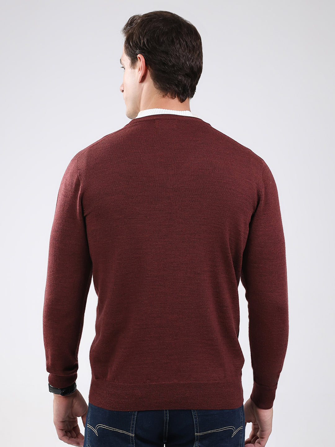Luxuria Men Maroon Solid V Neck Full Sleeve Pullover