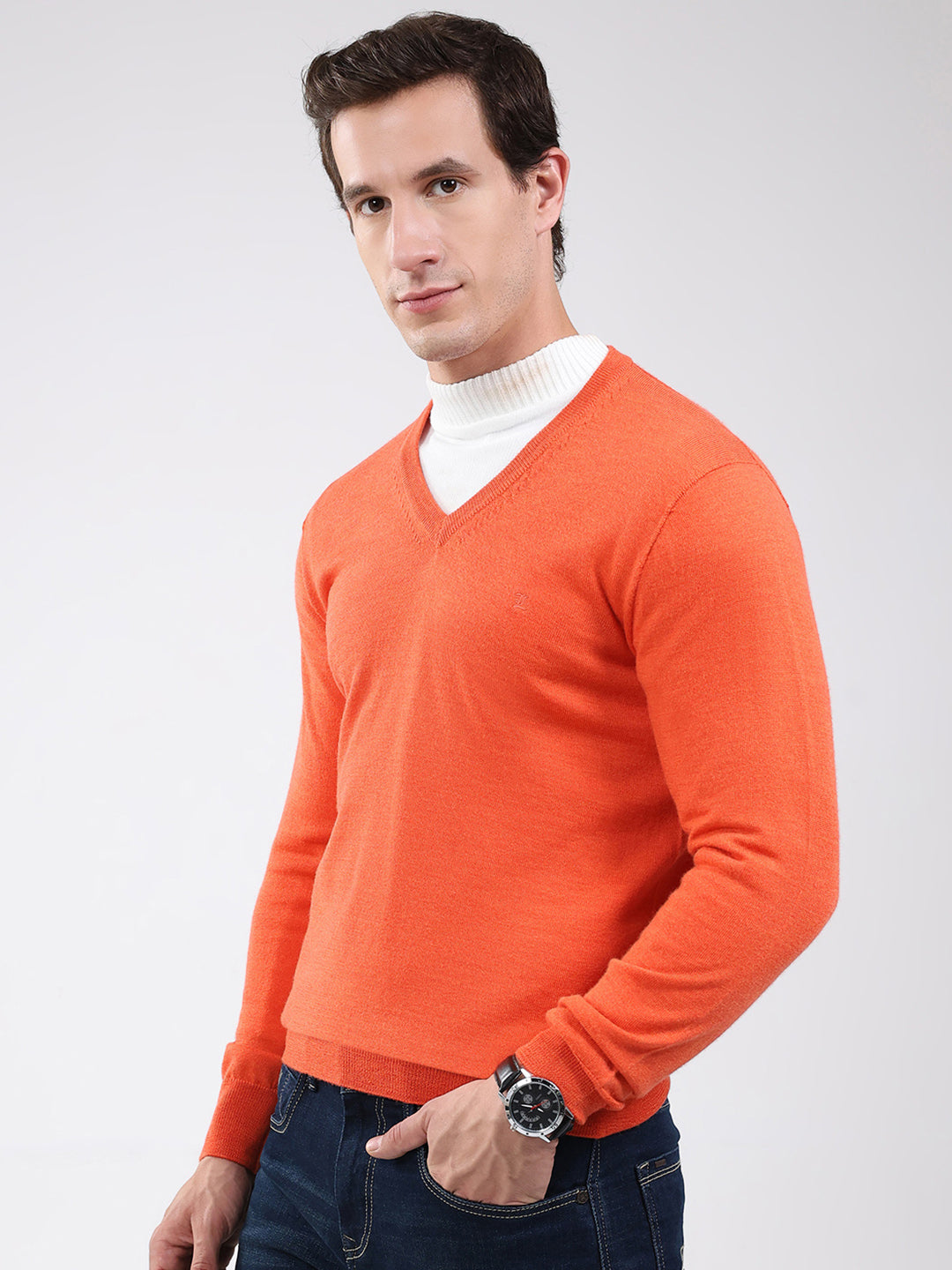 Luxuria Men Orange Solid V Neck Full Sleeve Pullover