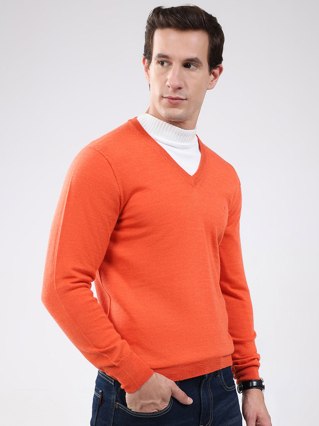 Luxuria Men Orange Solid V Neck Full Sleeve Pullover