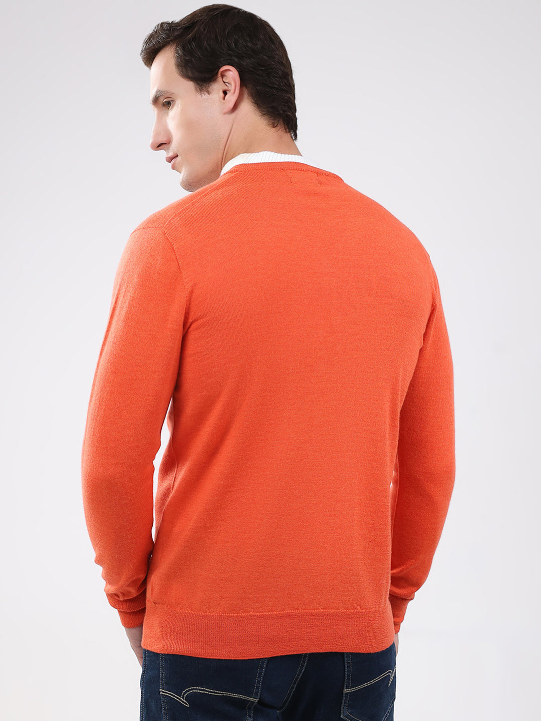 Luxuria Men Orange Solid V Neck Full Sleeve Pullover