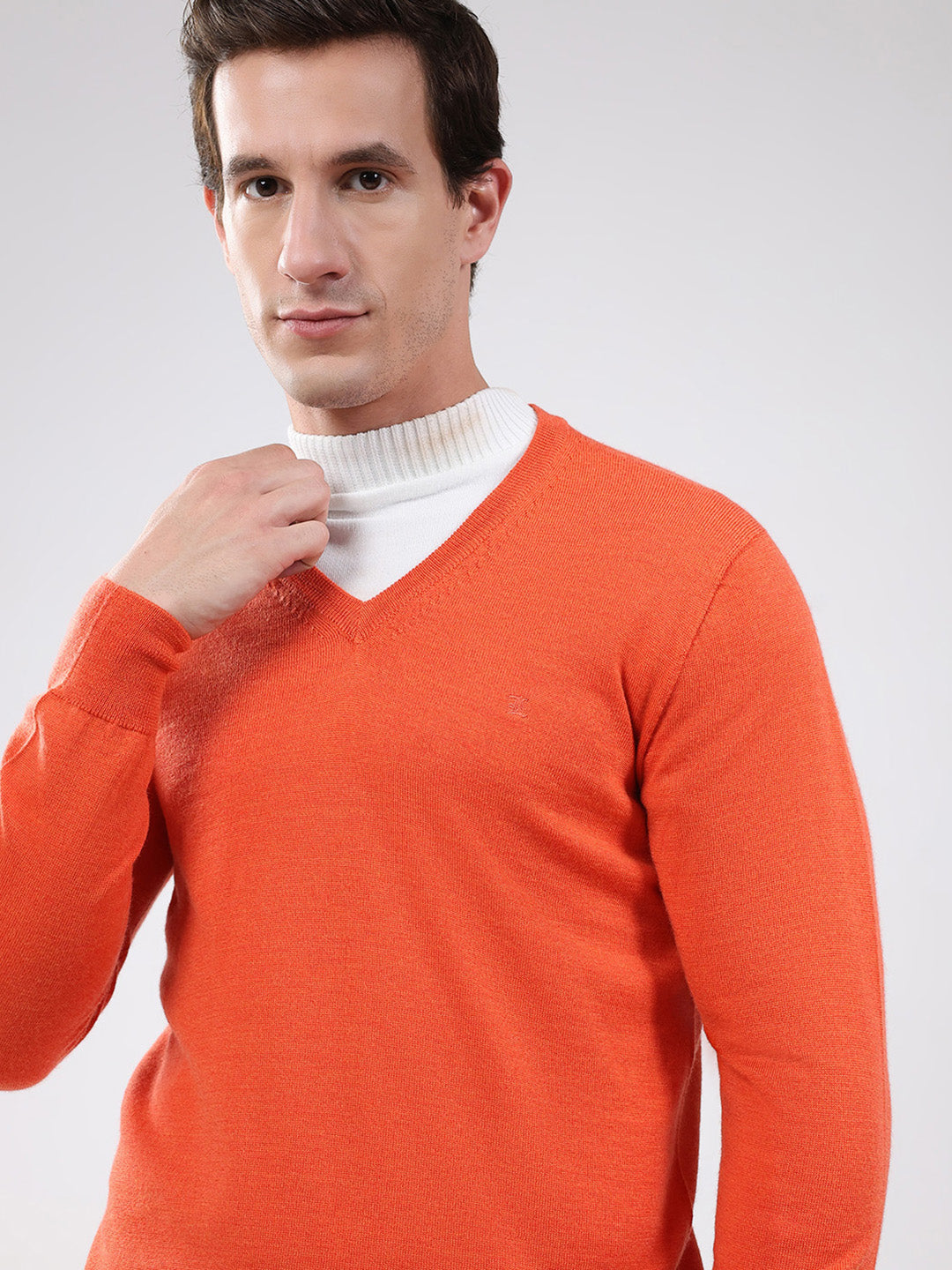 Luxuria Men Orange Solid V Neck Full Sleeve Pullover