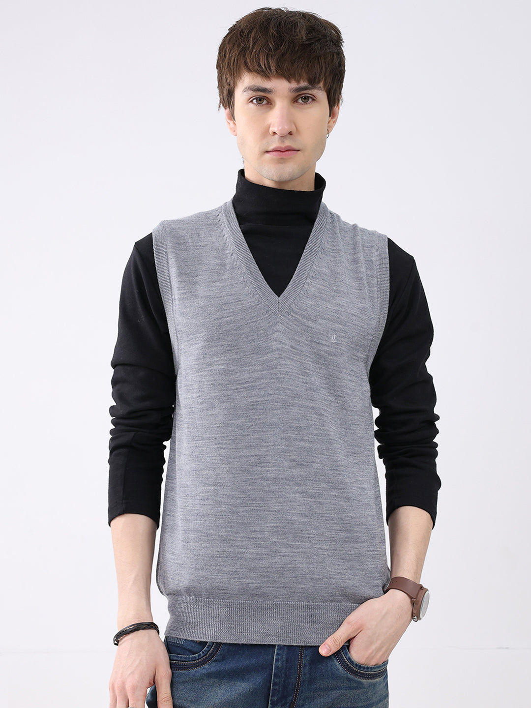 Luxuria Men Grey Solid V Neck Sleeveless Sweater