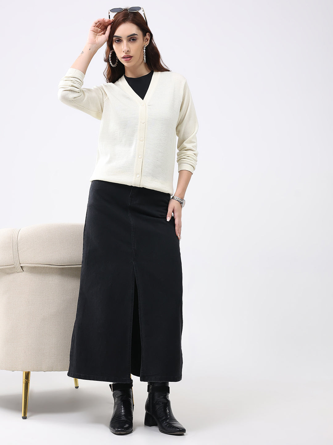 Luxuria Women Cream Solid V Neck Full Sleeve Cardigan