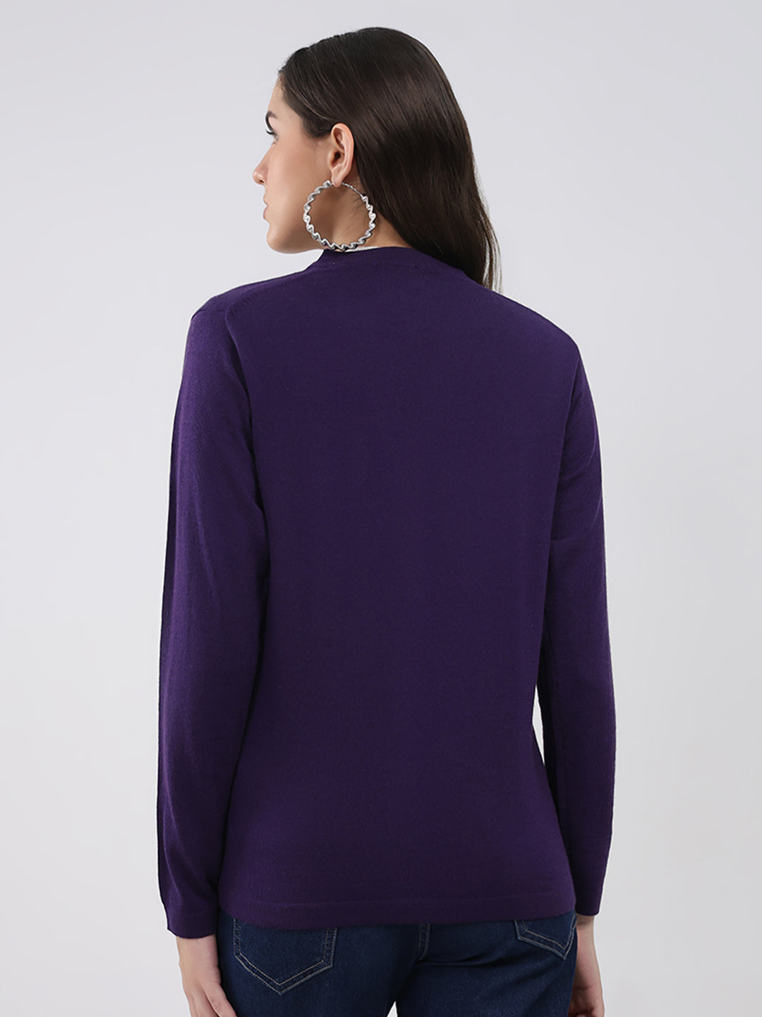 Luxuria Women Purple Solid V Neck Full Sleeve Cardigan