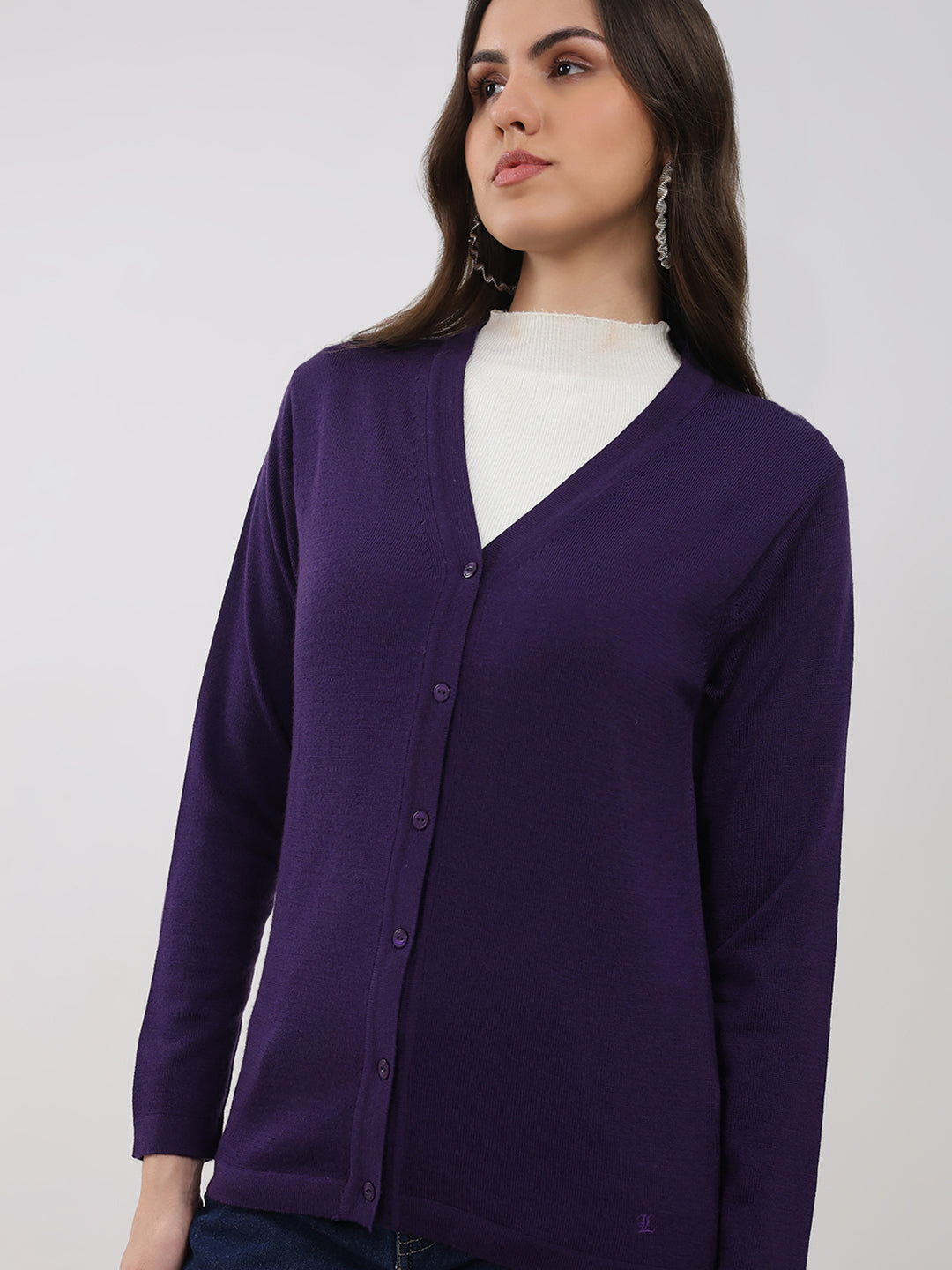 Luxuria Women Purple Solid V Neck Full Sleeve Cardigan