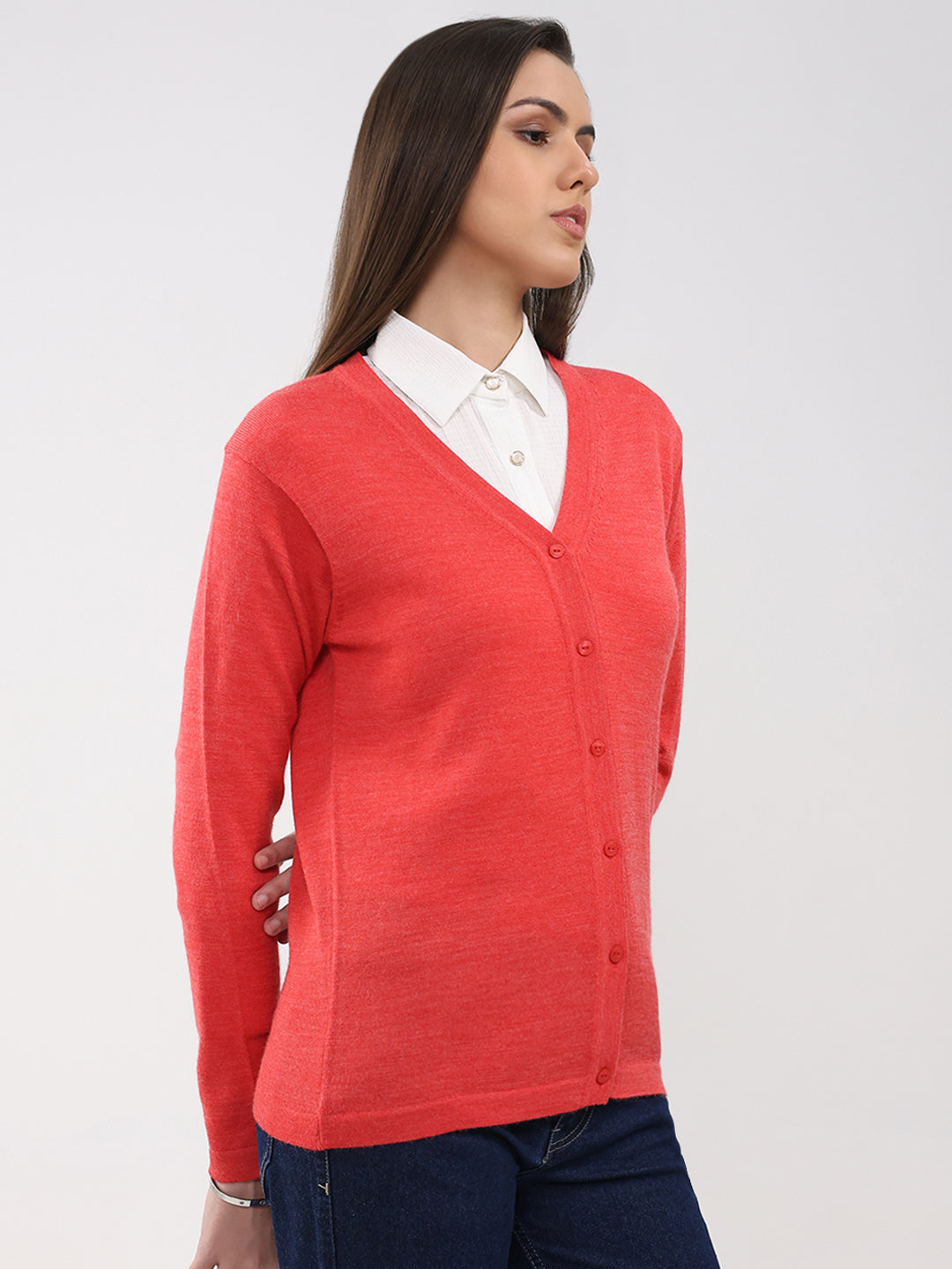 Luxuria Women Pink Solid V Neck Full Sleeve Cardigan