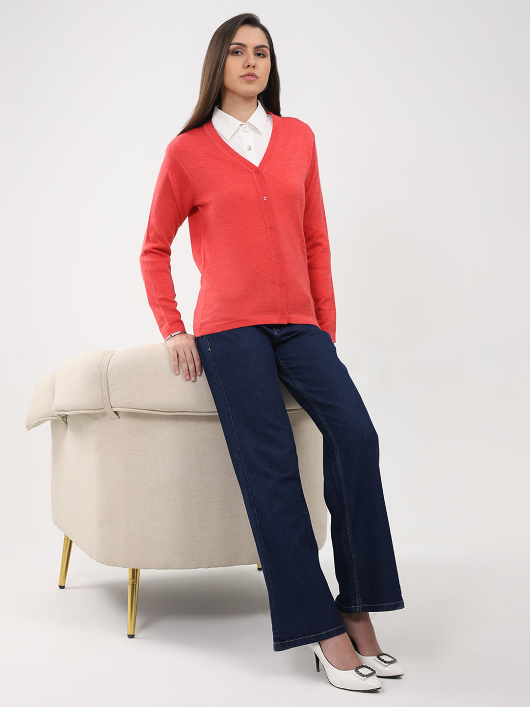 Luxuria Women Pink Solid V Neck Full Sleeve Cardigan