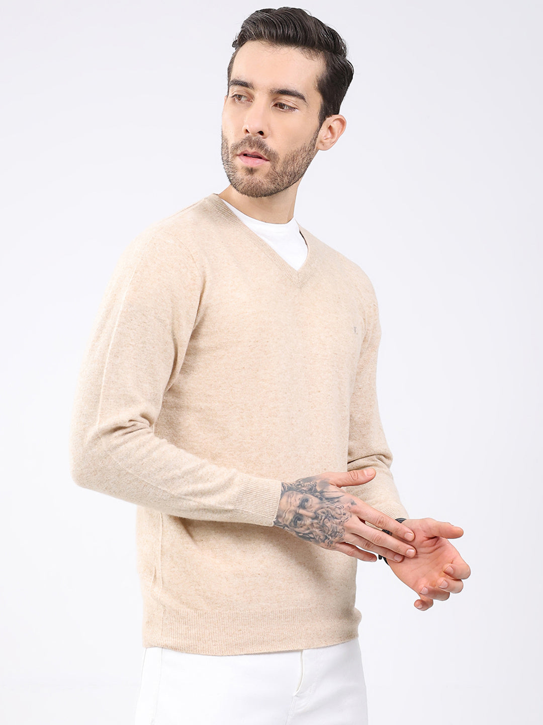 Luxuria Men Beige Solid V Neck Full Sleeve Pullover